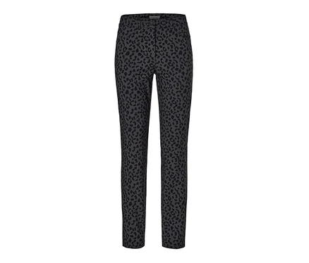 Gri üzerine siyah leopar desenli baskılı bengalin pantolon.