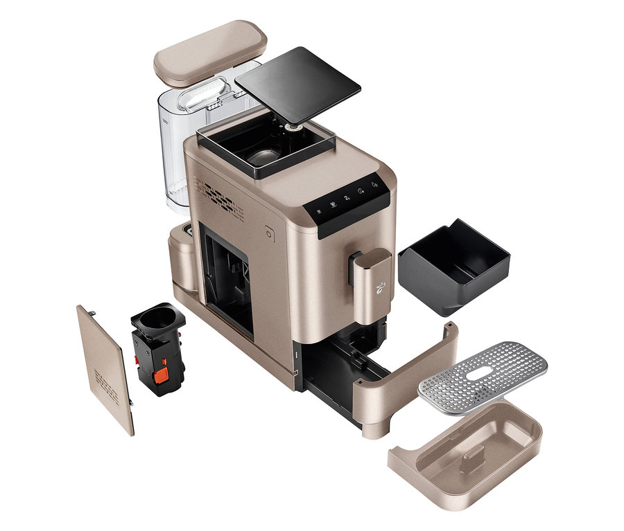 Demonte edilmiş bir »Esperto2 Caffè« Tam Otomatik Kahve Makinesi, Metalik Kum'un kısmi görünümü.