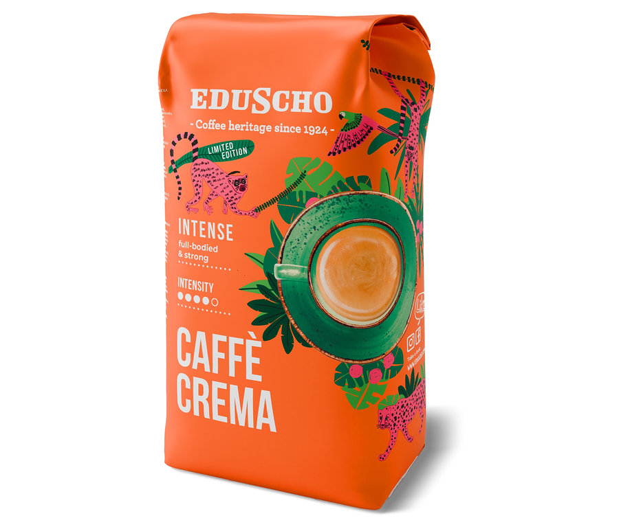Turuncu renkli, hayvan çizimli Eduscho Caffè Crema Intense çekirdek kahve paketi.