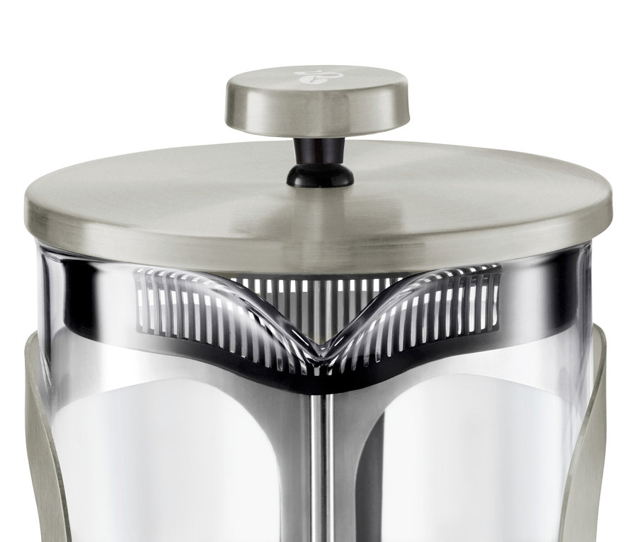 Gümüş rengi, 800 ml, 6 fincanlık French Press'in detayı.