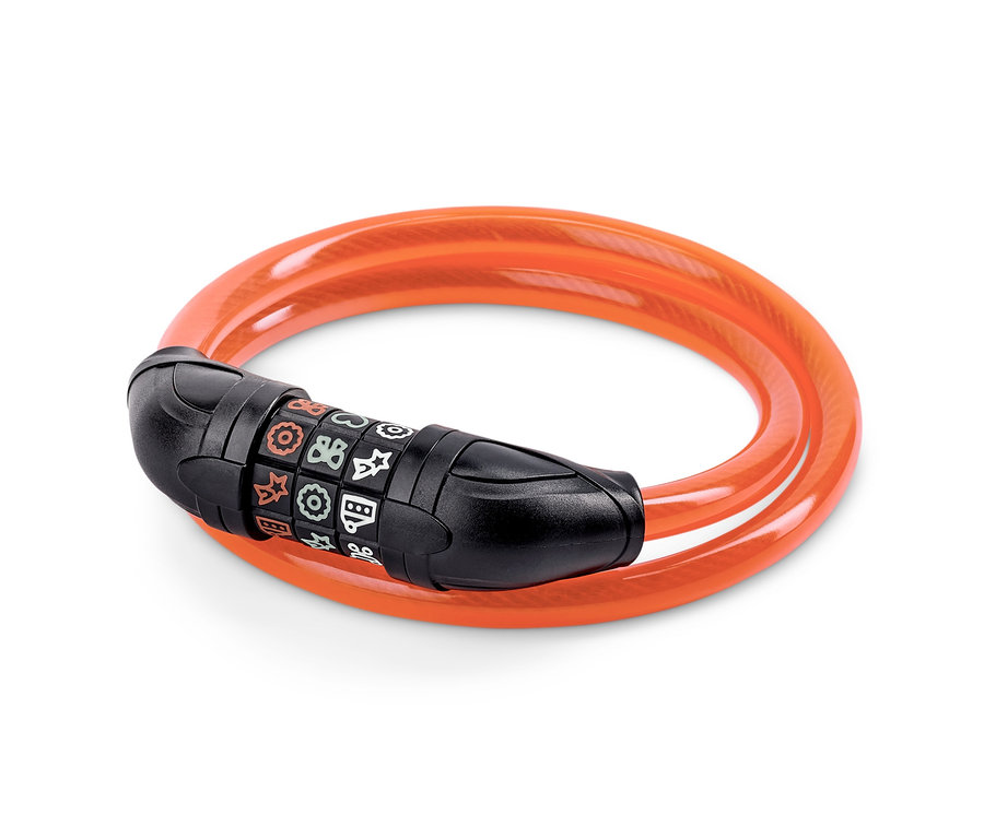 Siyah kilidi üzerinde semboller bulunan turuncu çocuk bisikleti kilidi.