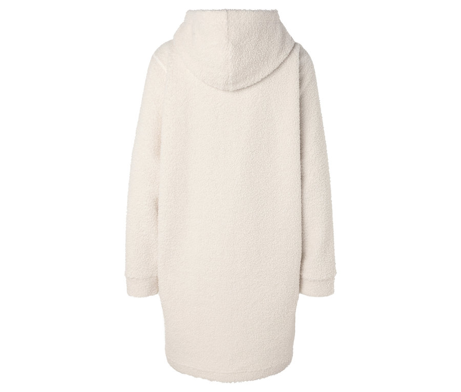 Uzun, krem rengi, tüylü kumaştan kapüşonlu bir sweatshirt'ün arka görünümü.