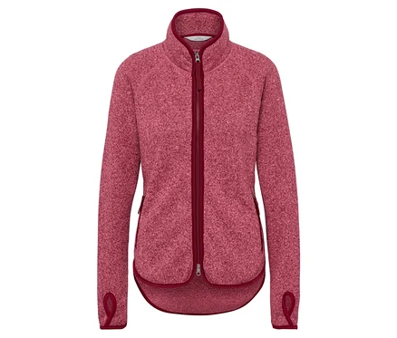Bordo fermuarlı ve şeritli pembe polar ceket.