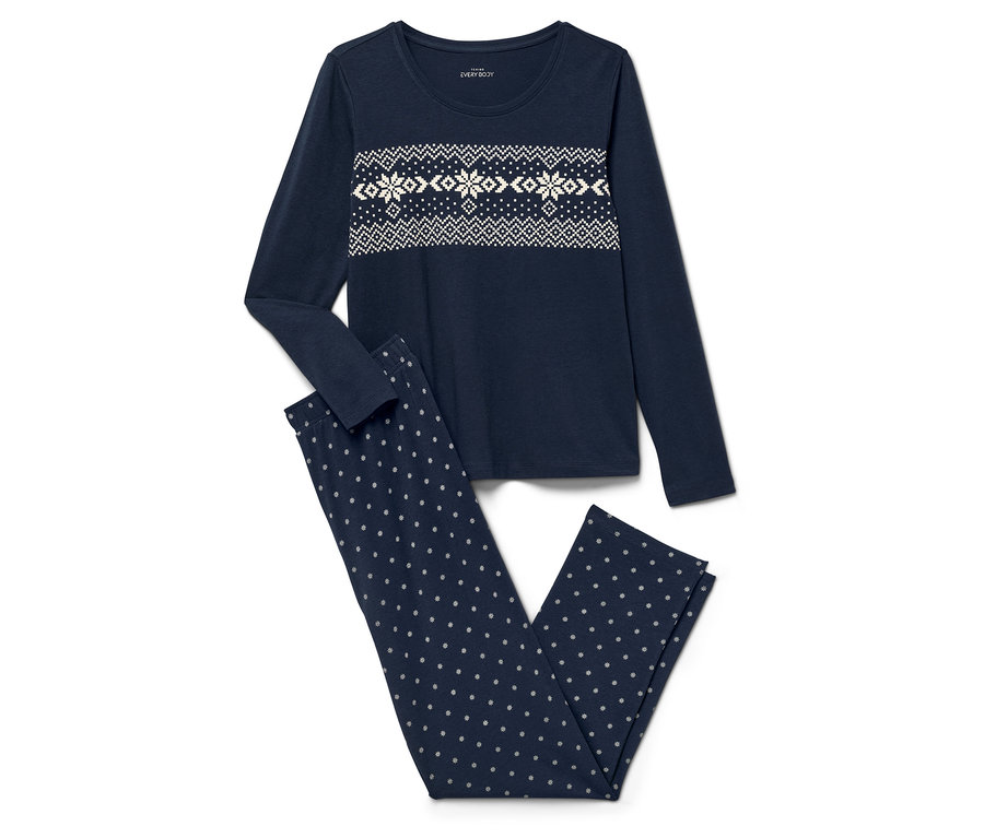 Lacivert uzun kollu, kar tanesi desenli pijama üstü ve puantiyeli pantolon altı.