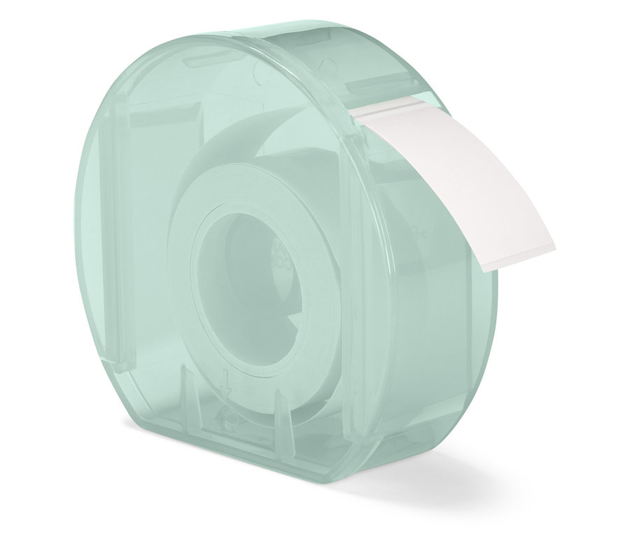 Şeffaf, mavi-yeşil renkli, beyaz yapışkanlı bantlı dağıtıcı.