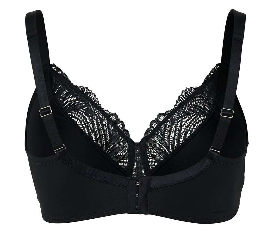 Siyah dantelli ve ayarlanabilir askılı sütyenin detaylı görünümü.