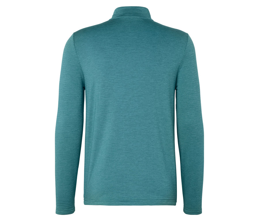 Turkuaz, uzun kollu, fermuarlı bir üstün arka görünümü.