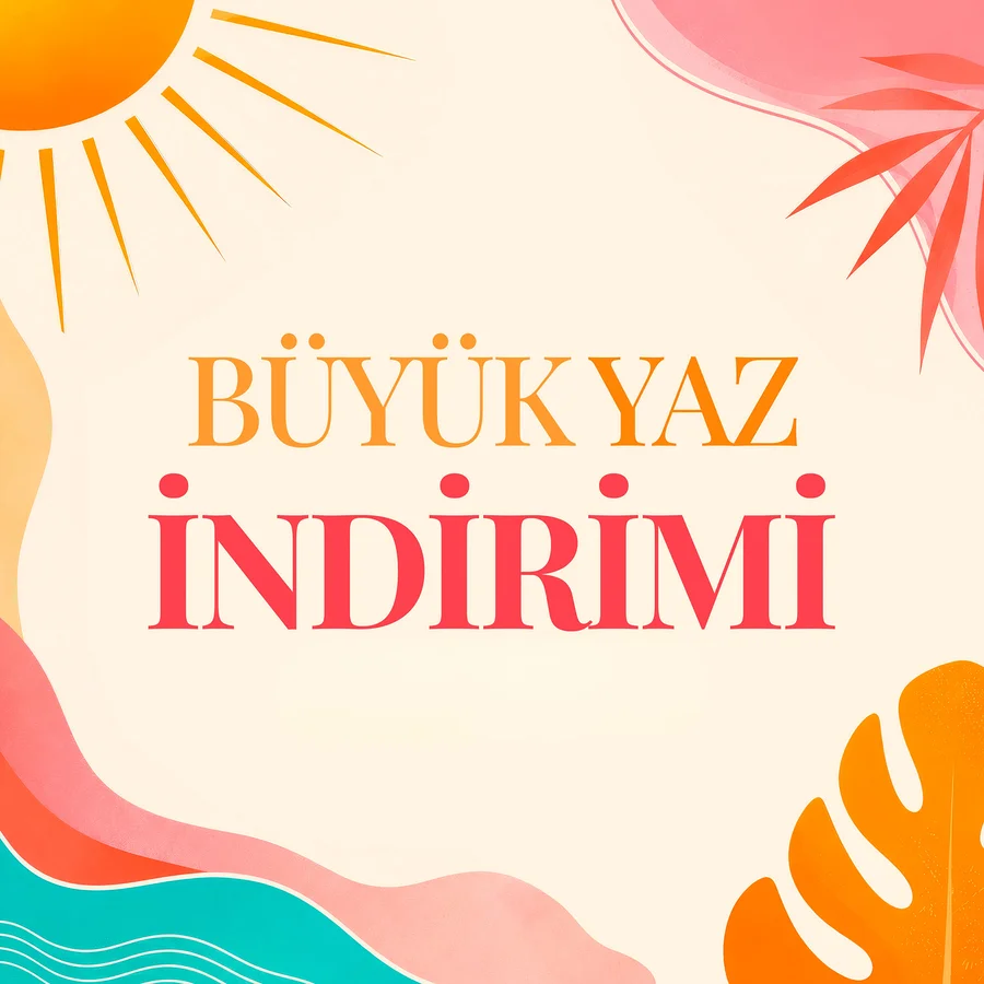 Turuncu ve kırmızı renklerde "Büyük Yaz İndirimi" yazısı, bej arka plan üzerinde, turuncu güneş ve soyut yaprak desenleriyle çevrili.