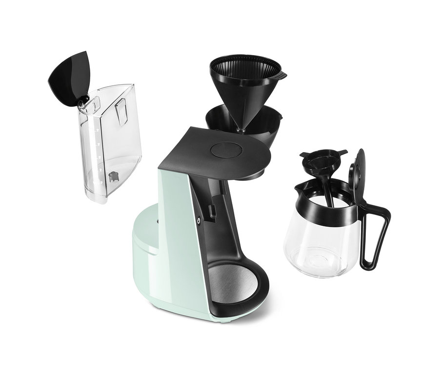 Demonte edilmiş açık yeşil »Let's Brew« Filtre Kahve Makinesi.