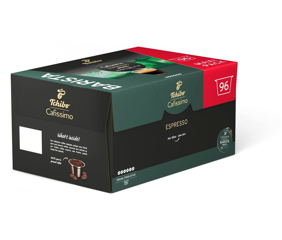 Bir paket Tchibo Cafissimo Barista Espresso, 96 kapsül içerir.