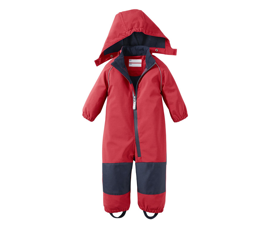 Kapüşonlu kırmızı-mavi softshell tulum.