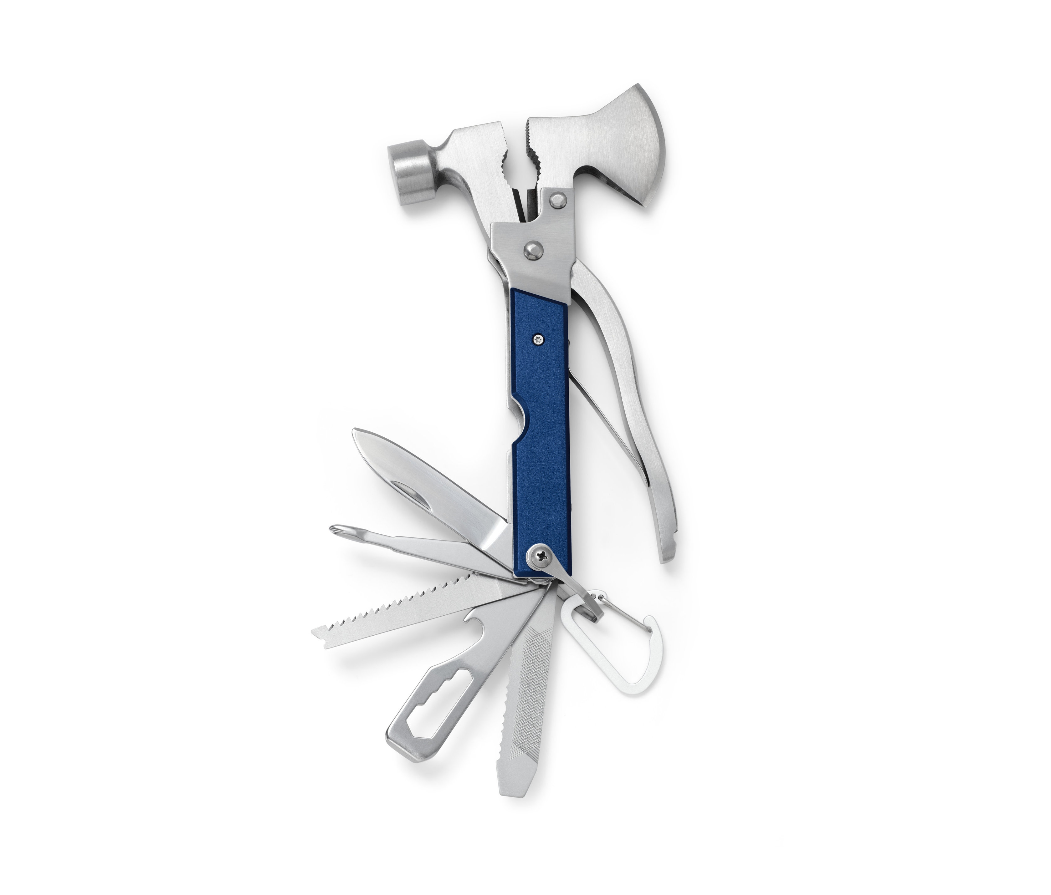 Beyaz bir arka planda çekiç, balta ve mavi sapı olan Çok Fonksiyonlu Çakı.