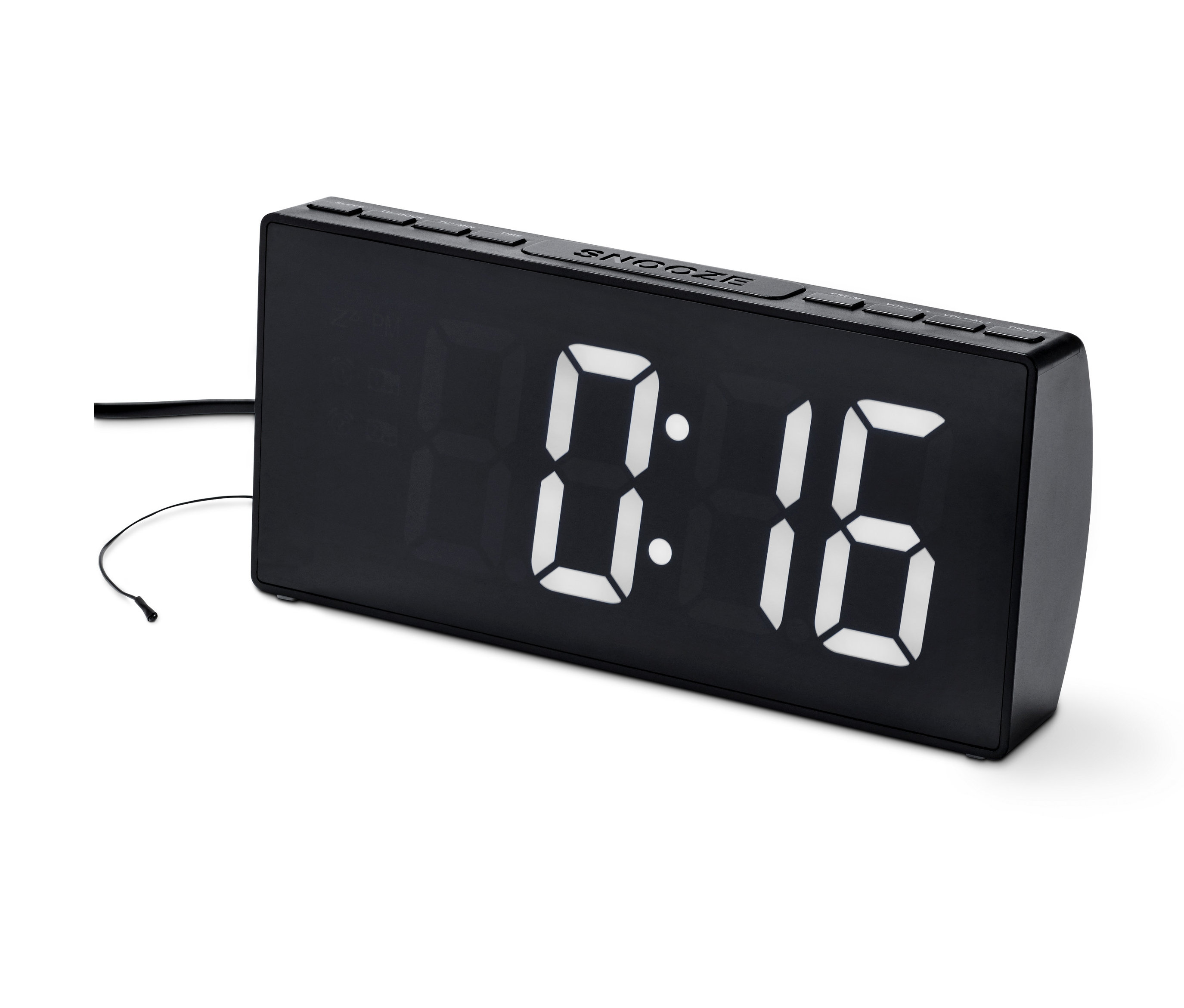 Siyah bir XXL Radyolu Çalar Saat 0:16'yı gösteriyor.