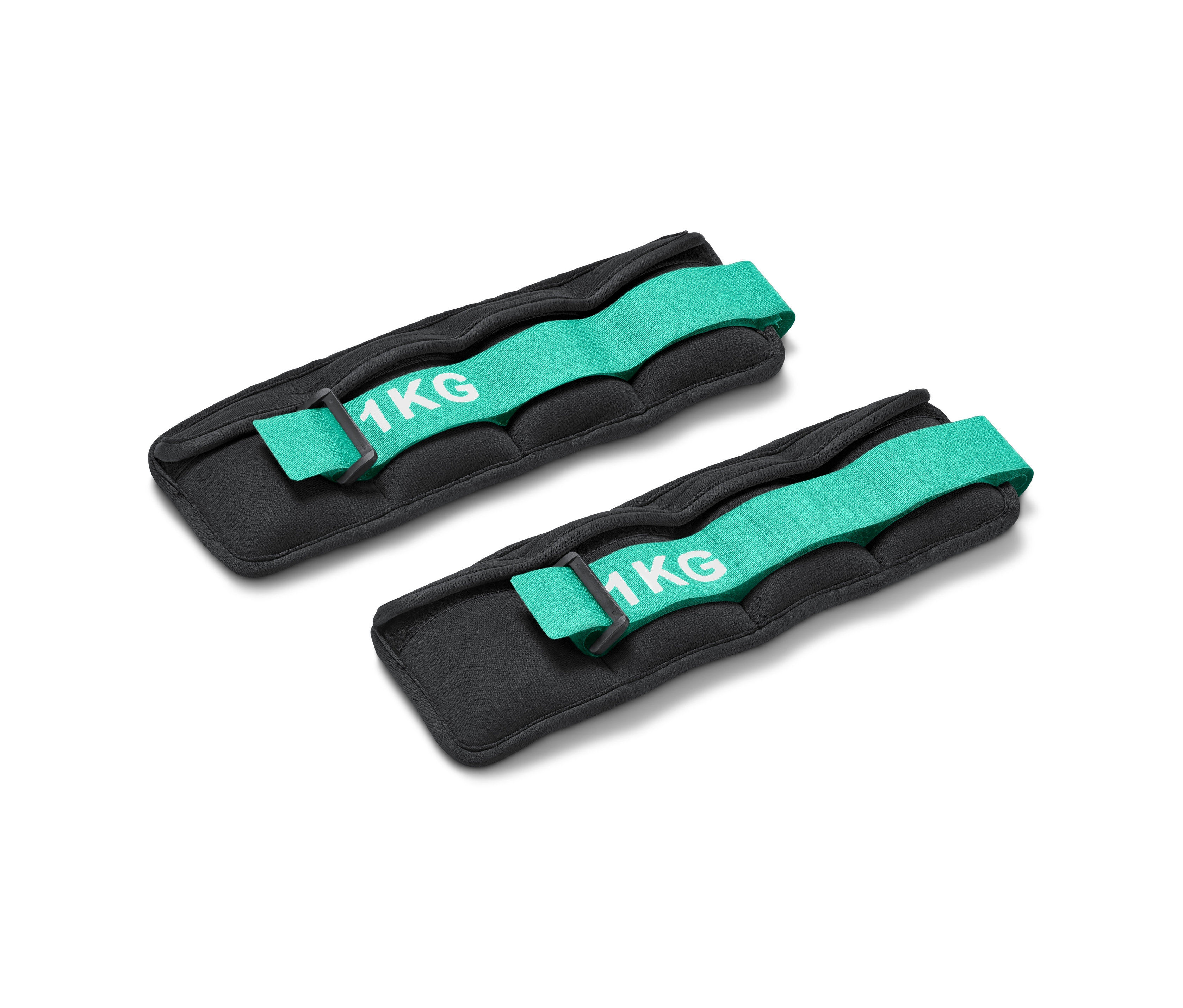 İki adet siyah 2 Adet Bilek Ağırlığı, turkuaz bantlı ve üzerinde “1 kg” yazısı olan, beyaz bir arka plan üzerinde duruyor.
