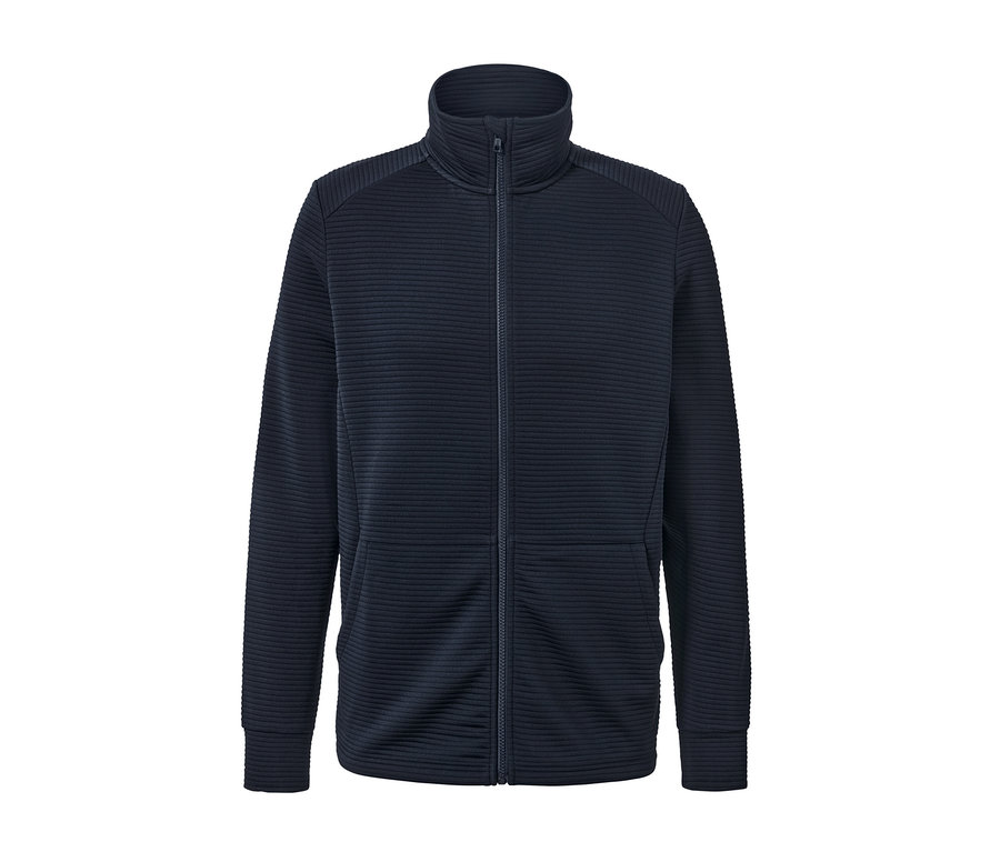 Lacivert fonksiyonel ceket, ortasında fermuar bulunur.