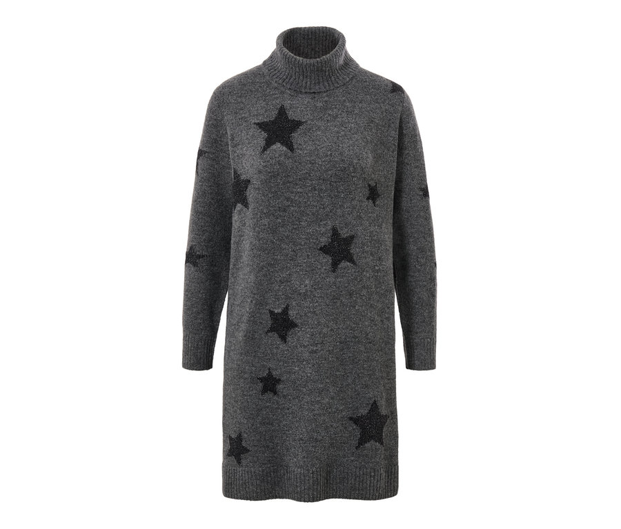 Yıldız desenli, balıkçı yaka, gri örgü elbise.