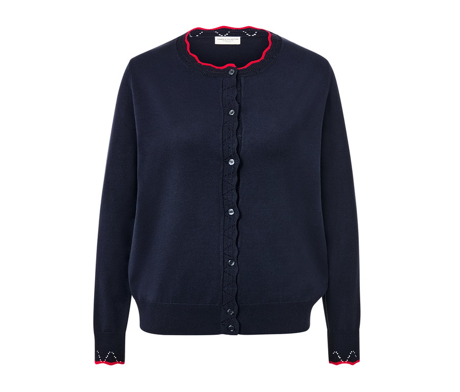 Kırmızı dalgalı kenarlı lacivert ince örgü hırka.