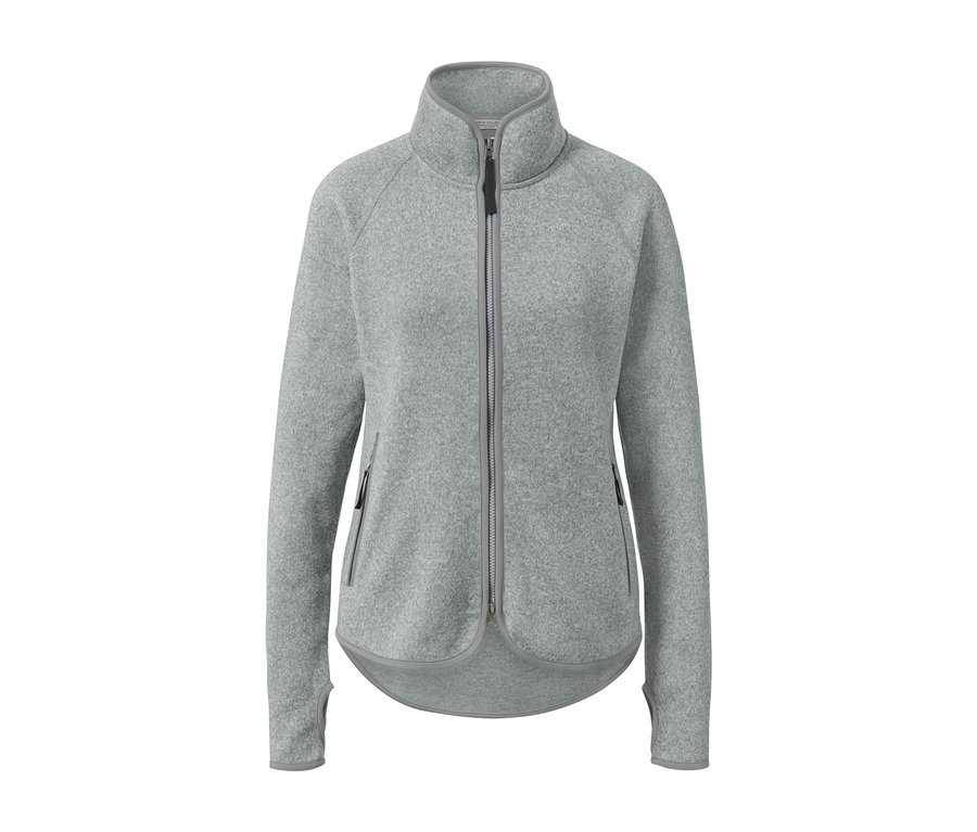 Açık gri örgü polar ceket, ortasında fermuarı var.