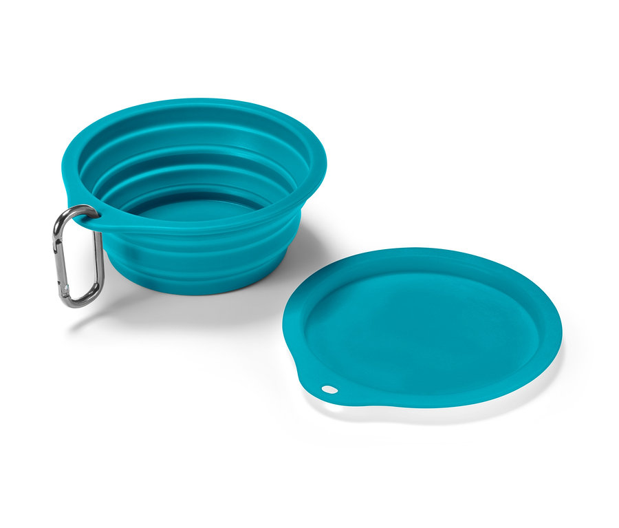 Turkuaz katlanabilir mama kabı ve kapağı beyaz bir yüzeyde duruyor.