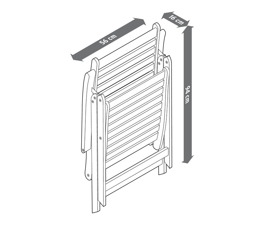 Ayarlanabilir sırtlı tik yüksek sandalyenin çizimi, 94 cm yüksekliğinde, 56 cm genişliğinde ve 16 cm derinliğinde.