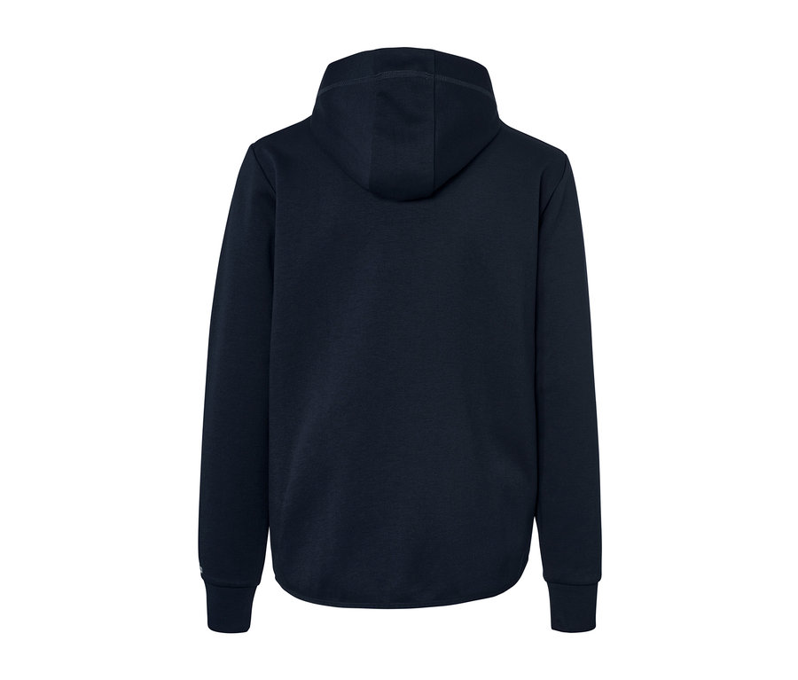 Kapüşonlu lacivert fonksiyonel sweatshirt ceketinin arka görünümü.