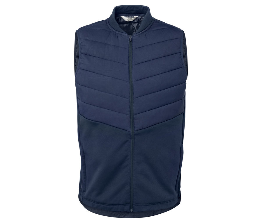 Beyaz bir arka plan üzerinde lacivert bir termal yelek görülüyor.