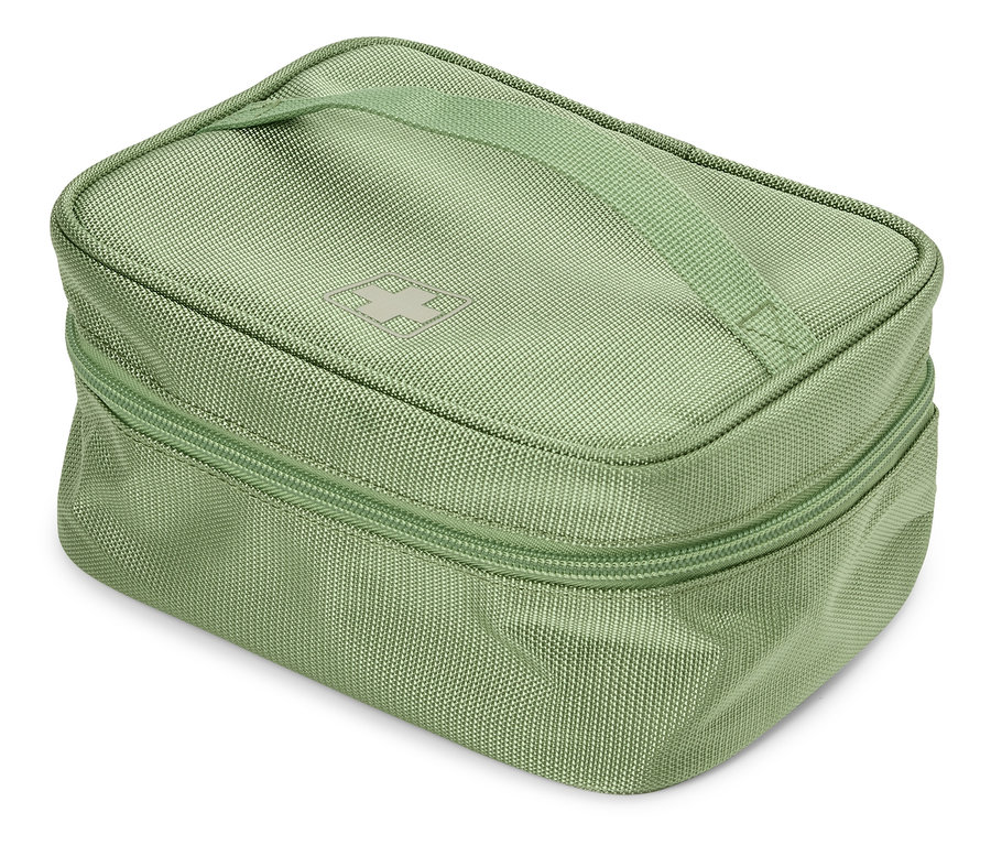 Üstte fermuarı ve sapı olan kapalı, açık yeşil kumaş makyaj çantası.