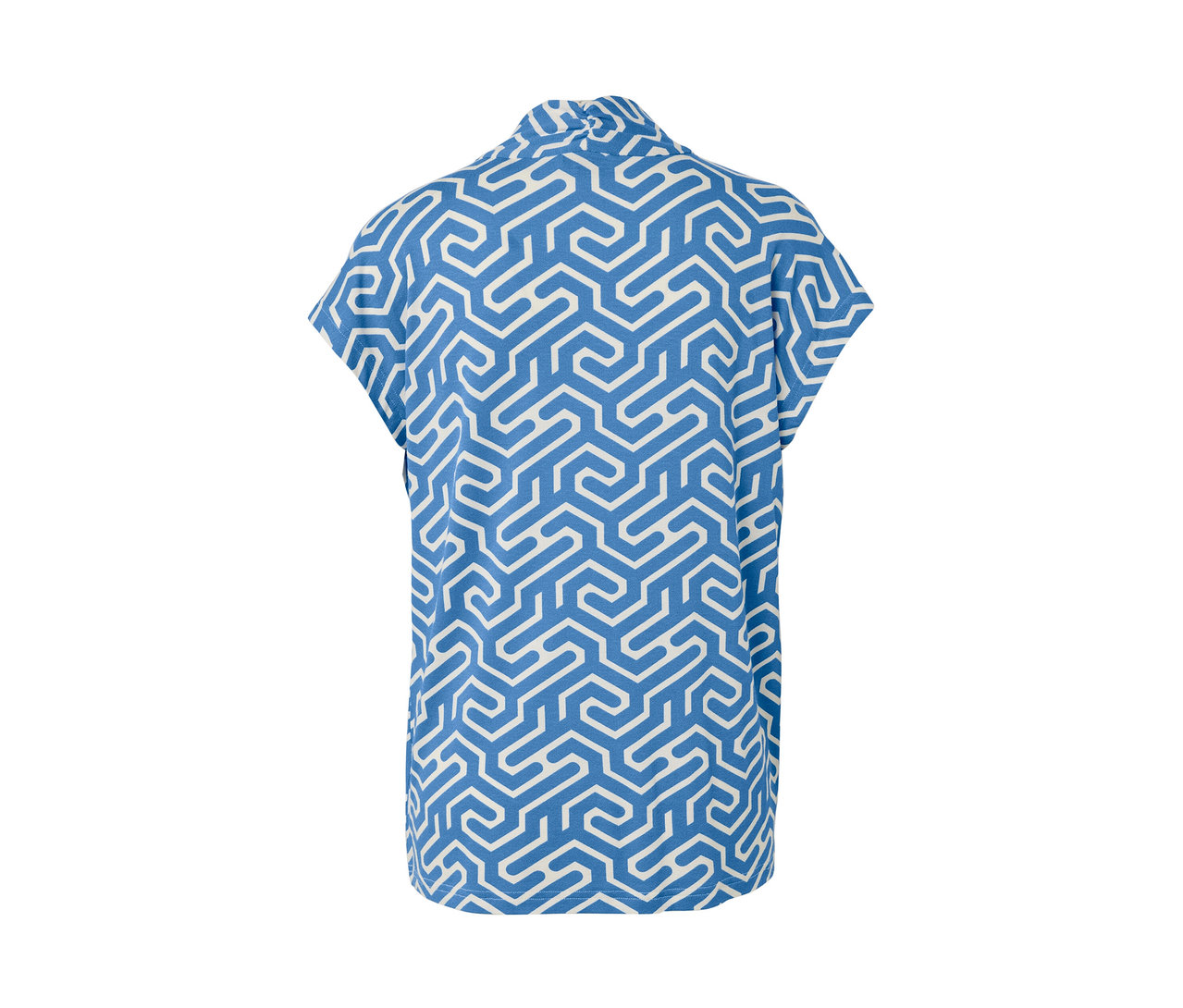 Mavi, V yakalı ve beyaz geometrik desenli bluzun arka görünümü.