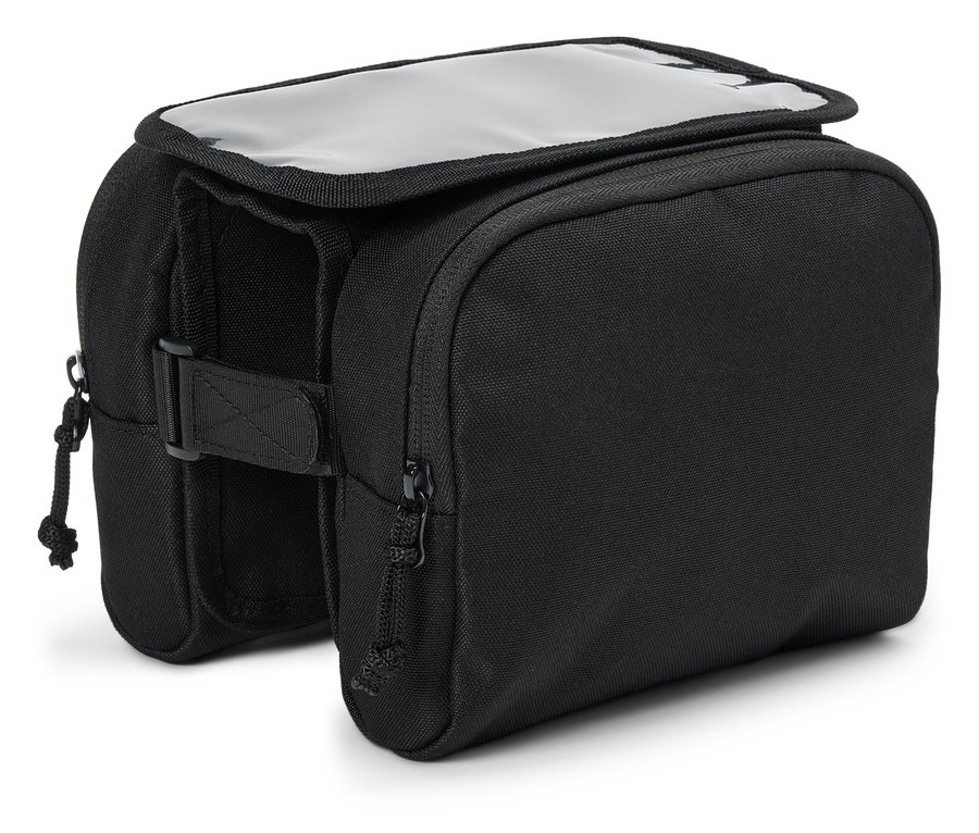 Şeffaf kapaklı siyah gidon çantası.