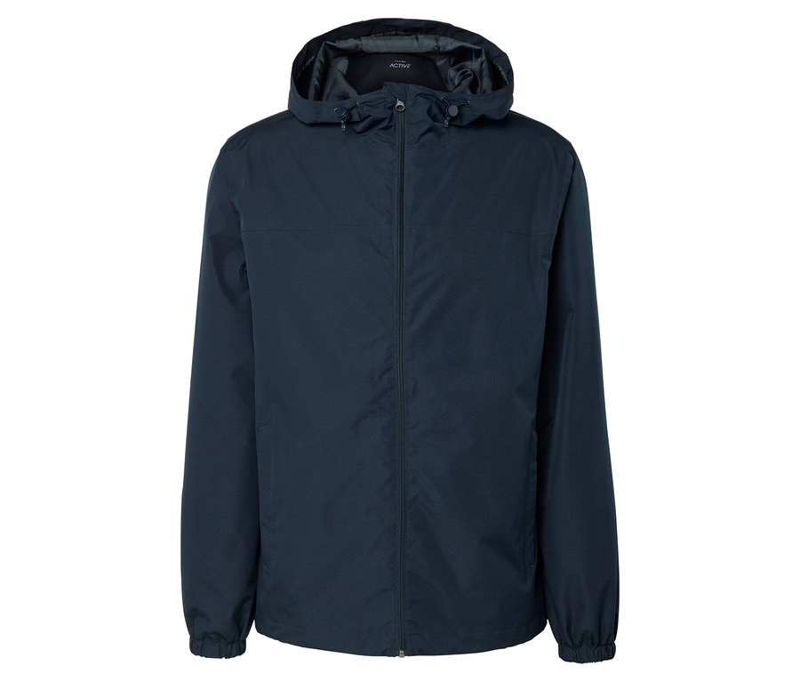 Beyaz bir arka plan üzerinde kapüşonlu lacivert bir ceket görülüyor.