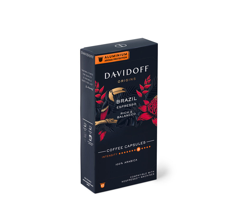 Bir kutu DAVIDOFF CAFÉ ORIGINS Brazil - üzerinde bir tukan resmi olan 10 kapsül