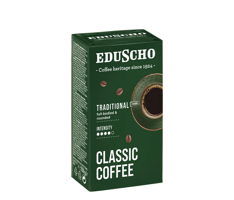 Eduscho Classic Coffee Traditional, 250 g Öğütülmüş Filtre Kahve paketi. Paket koyu yeşil ve bir fincan kahve gösteriyor.