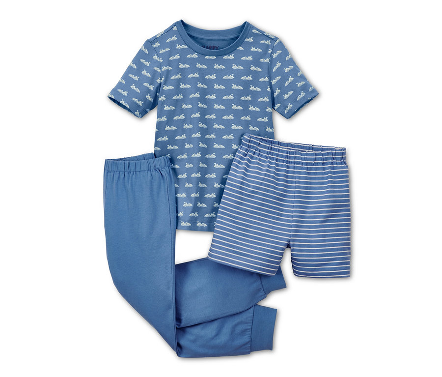 Mavi kısa kollu, uzun pantolonlu ve şortlu 3 parçalı pijama takımı.