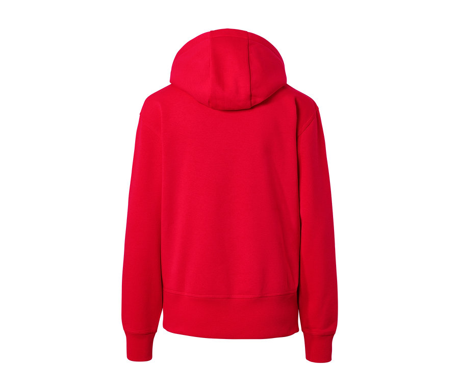 Kırmızı kapüşonlu sweatshirt'ün arka görünümü.