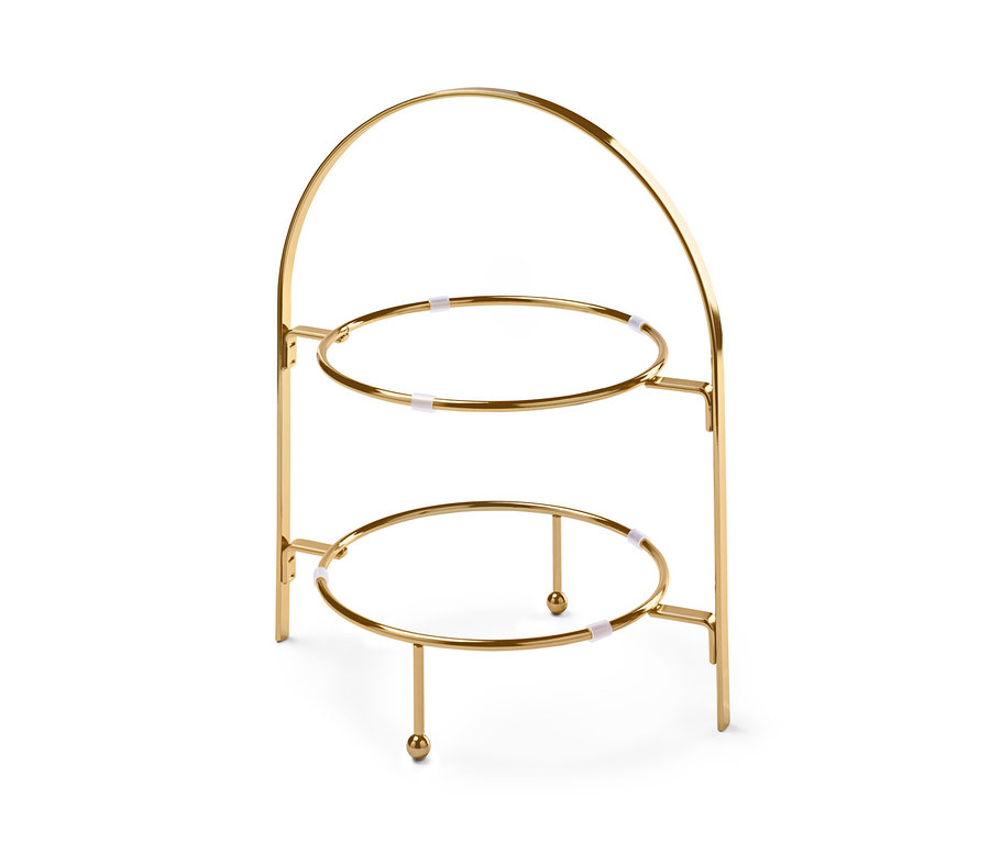 İki katlı altın renkli katlı servis tabağı.