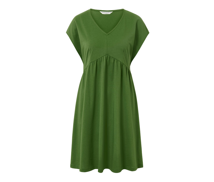 V yakalı, yeşil jarse elbise.