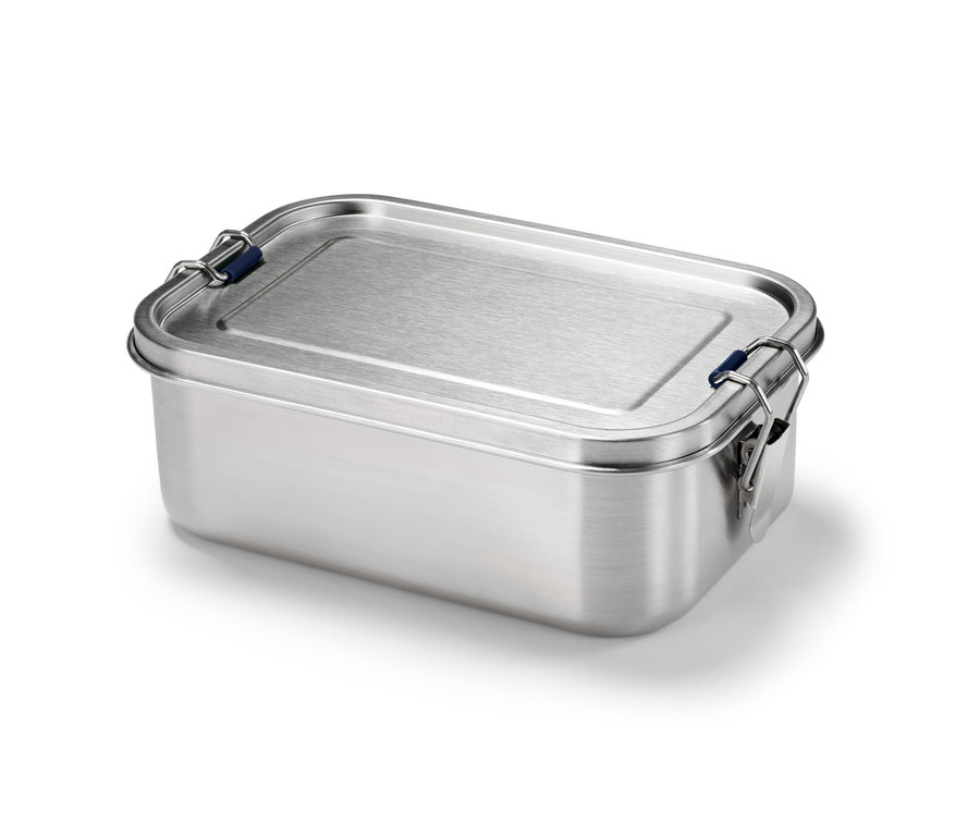 Gümüş renkli paslanmaz çelik taşınabilir yemek kutusu.
