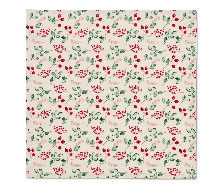 Kırmızı meyveleri ve yeşil yaprakları olan Pamuklu Masa Örtüsü.