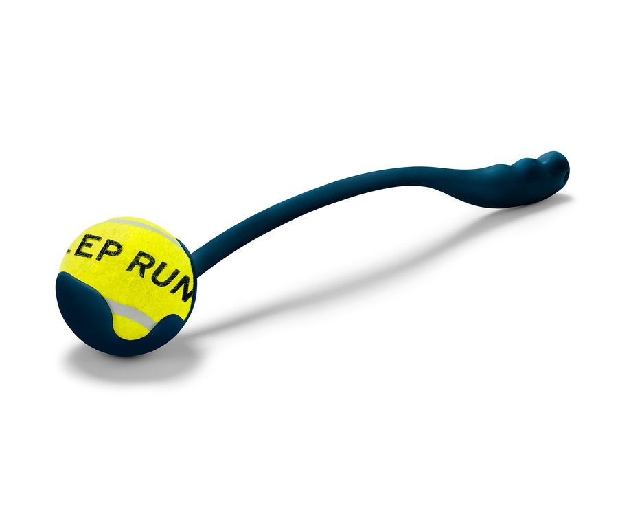 Sarı tenis topu ve mavi sapı olan Top Fırlatıcı.