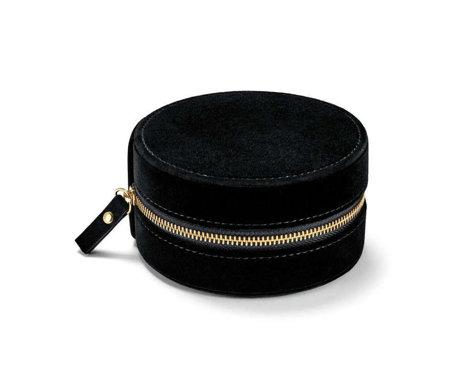 Altın fermuarlı, siyah, yuvarlak küçük takı kutusu.