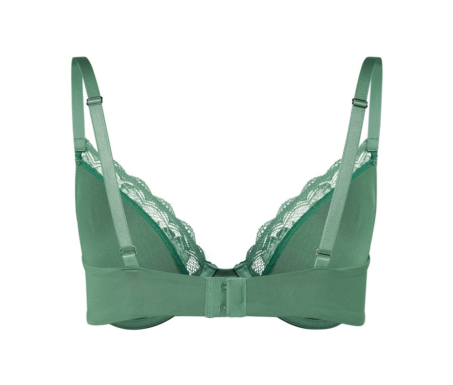 Beyaz dantelli yeşil balenli sütyenin arka görünümü.