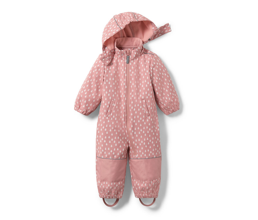 Kapüşonlu ve fermuarlı, damlalı pembe küçük çocuk softshell tulum.