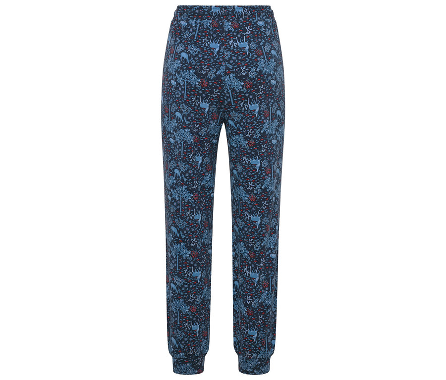 Ağaç, geyik ve meyve deseni olan mavi pijama altı.