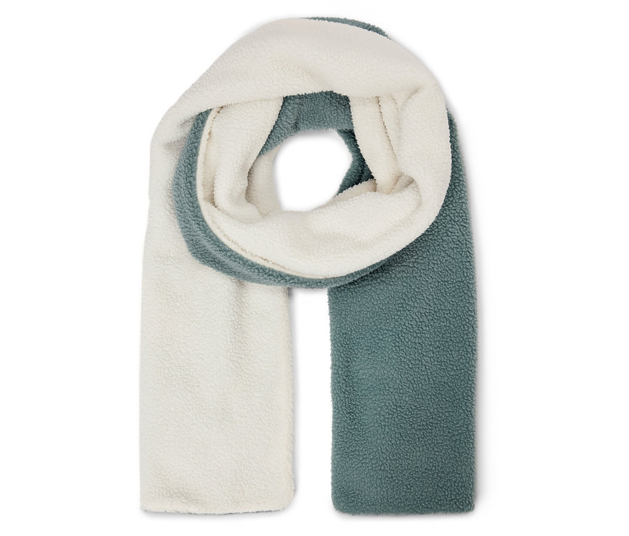 İki renkli bir eşarp, krem ve mavi-yeşil.