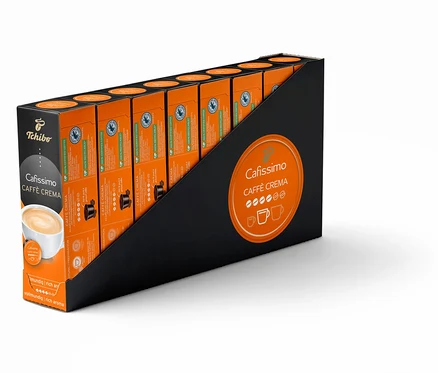 Siyah bir kutu, Caffè Crema Rich Aroma 80 Adet Kapsül Avantajlı Paket kahve kapsülü paketlerini içeriyor.