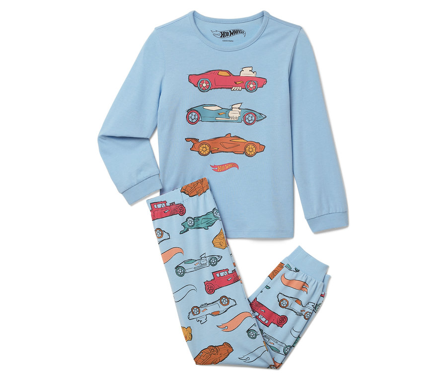 Açık mavi, uzun kollu, Hot Wheels arabaları baskılı pijama takımı.