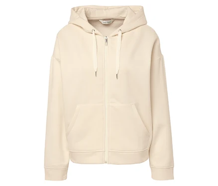 Krem rengi, fermuarlı kapüşonlu sweatshirt.