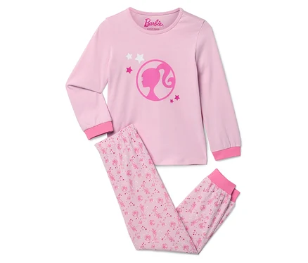 Barbie bebek baskılı, uzun kollu pembe pijama.