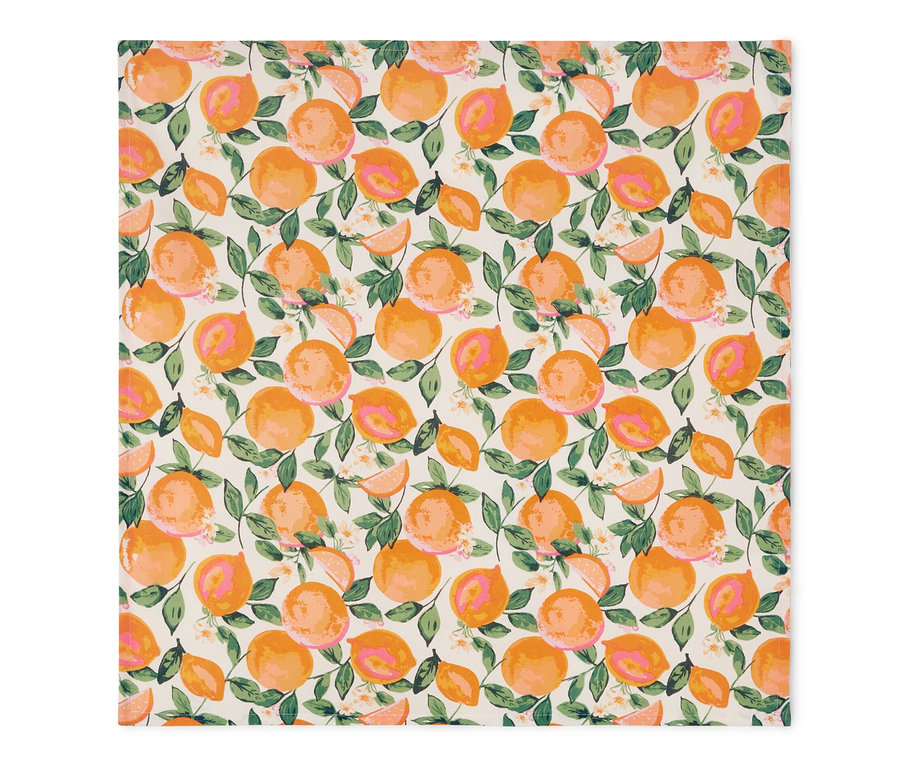Turuncu renkli, narenciye desenli, silinebilir masa örtüsü, yakl. 90 x 90 cm.