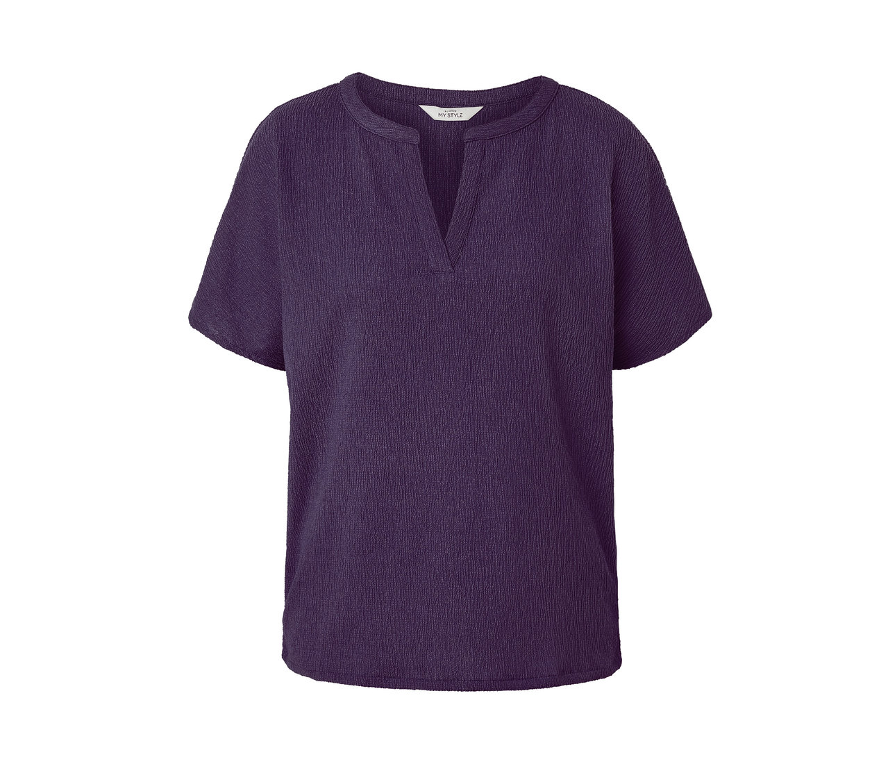 Mor renkli, dokulu, kısa kollu bir bluz